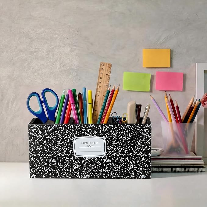 Feifeiya Composition Notebook Pen Holder for Desk Wooden Teacher Desk Organizer Back to School Decor Teacher Appreciation Gifts Pencil Holder for Home Office School Tabletop Shelf Decoration