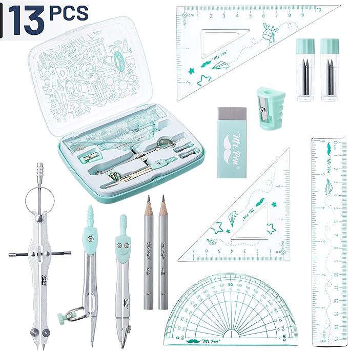 Mr. Pen- Geometry Set, 13 pcs, 3 Metal Compasses, Protractor, 6" Ruler, 45° & 30°/60° Set Squares, Pencils, Lead Refills, Sharpener & Eraser for Math, Drafting & Classroom Use