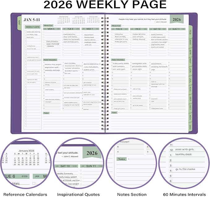 2026 Planner - Planner 2026 Weekly and Monthly, 11.38'' x 8.74'', 2026 Calendar Leather Planner, JAN 2026 - DEC 2026, Daily Hourly Appointment Book, To Do List, Monthly Tabs, Faux Soft Leather, Back Pockets - Purple