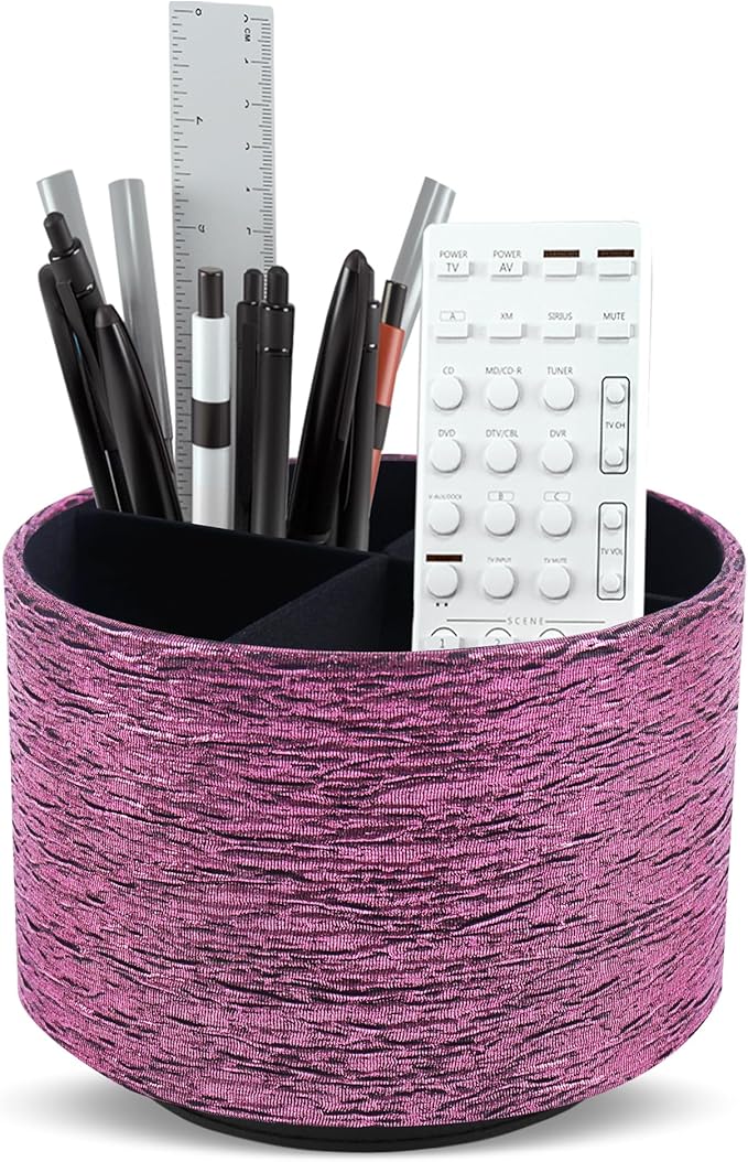 Round Leather Art Supply Organizer,Remote Control Holder,360-degree Rotating Pen Organizer with 4 Compartments(1-Light Tree Pink)