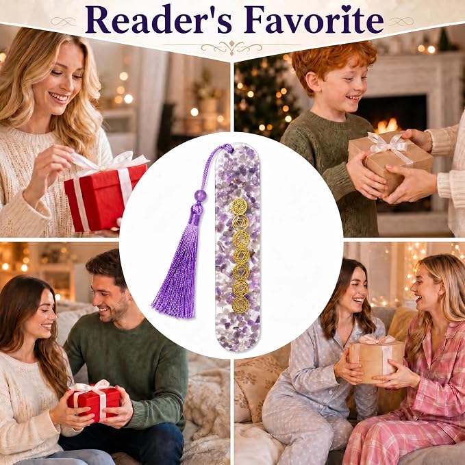 Fantasy Vintage Bookmark Gifts - Amethyst 7 Chakra Healing Crystals Resin Bookmarks for Women Men Book Lovers Beaded Tassels Page Marks Reading Accessories Bookish Birthday Graduation Gift
