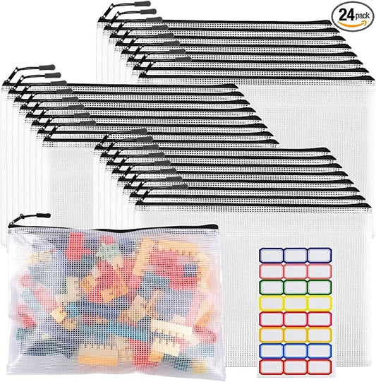 YOPCDJ 24pcs Large Mesh Zipper Pouch File Bags Reusable Zippered Pouches for Organizing Classroom, Board Game Storage, Puzzle Bags Black