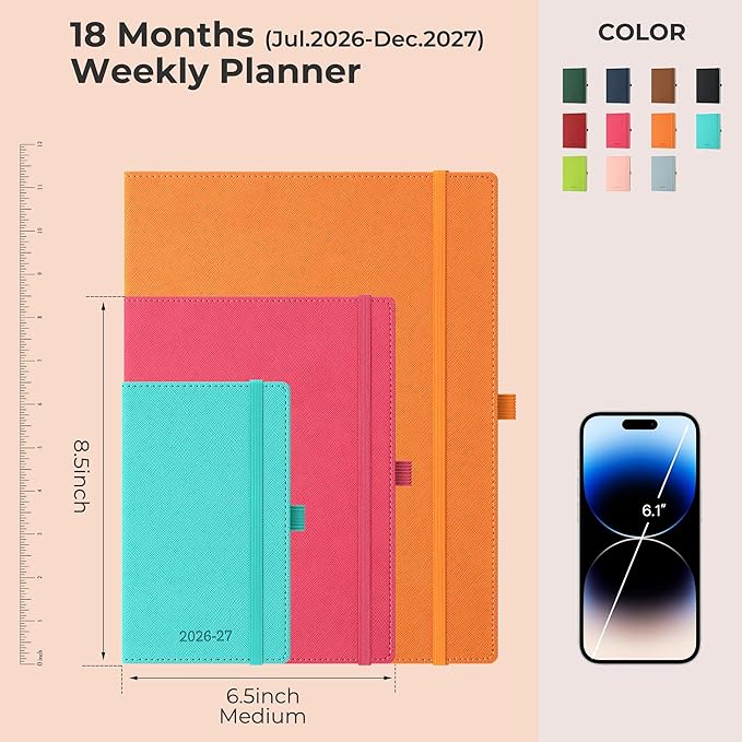 Weekly Monthly 2026-2027 Planner (July 26-Dec 27),8.5"x6.5",18 Months Agenda Plan with Month Tabs & Pocket,Expenses/Note Pages, Academic Calendar with Vegan Leather Cover,Orange