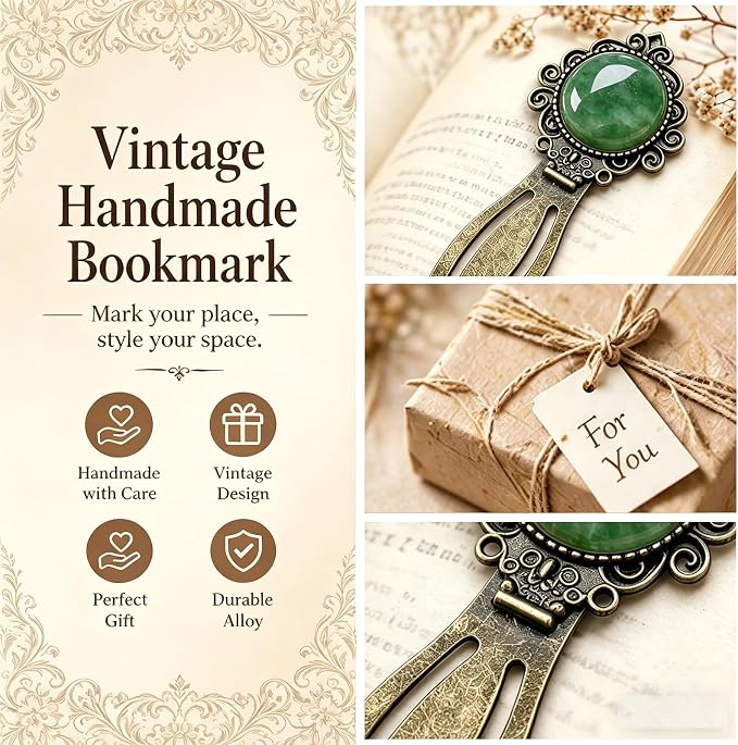 1Pcs Vintage Green Aventurine Bookmark with Natural Crystal Stone - Fantasy Brass Metal Green Jade Bookmarks for Reading Women, Men, Book Lovers, Girls and Teachers Book Marks(Green Jade)