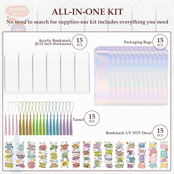 Dazoratix Inspirational Bookmark Making Kit - 60 PCs Boho Motivational Clear Acrylic Bookmarks Blanks Colorful UV DTF Stickers DIY Craft Transparent Book Marks with Tassels for Reading Lover Kids Gift