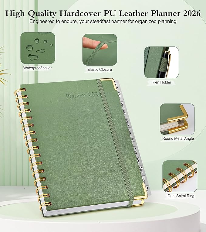 2026 Planner, Hardcover Leather Weekly and Monthly Planner, January 2026 - December 2026, Spiral Yearly Agenda Organizer Book 2026 with Tabs, Daily Calendar Planners for School Work Home, A5 (5.75" x 8.38"), Green
