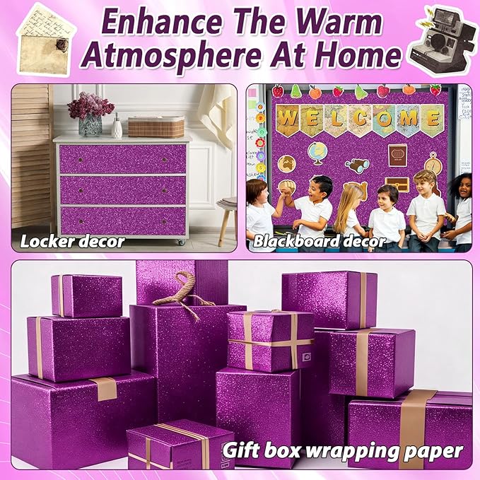 Qyeahkj 17in x 20ft Glitter Bulletin Board Paper Roll Bulletin Board Background Paper Fade Resistant Classroom Decoration Poster Art Craft Home Wall Education Decor Supplies Purple