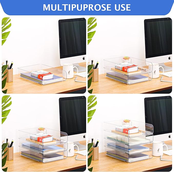LALOBLUE Stackable Letter Tray Desk Organizer, Set of 4 Clear PET Paper & File Organizers, Document Storage for Office Supplies
