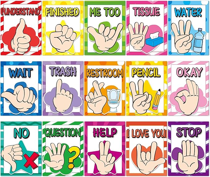 MotiMind 15 Pcs Classroom Hand Signal Cards Signal with Adhesive Tapes Decor Classroom Learning Bulletin Board Hand Signals Language Posters for Teachers Students Visual Cues(Rainbow)