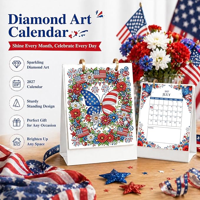 2027 Standing Desk Calendar DIY Diamond Art Painting Monthly Flip Dates Butterfly Double-Sided Pattern Tabletop Calendars DIY Craft Supplies Planner Office Home-Butterfly