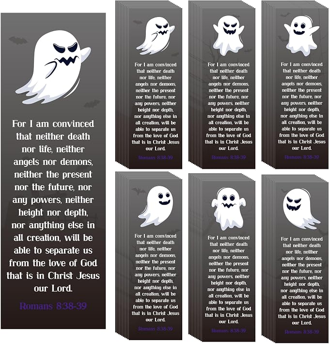 TICIAGA Halloween Religious Christian Bookmarks - 60Pcs Halloween Ghost Bookmarks for Kids, Double Sided Book Tracker Hey Boo Page Marker for Book Lovers, Christian Church Giveaways for Sunday School