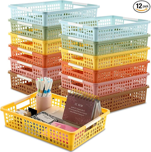 12 PCS Plastic Classroom Turn in Paper Trays Storage Bin Basket Organizers Holds 4A Paper File for School Teacher Supplies Classroom Office Home Organization and Storage Tray (Boho)