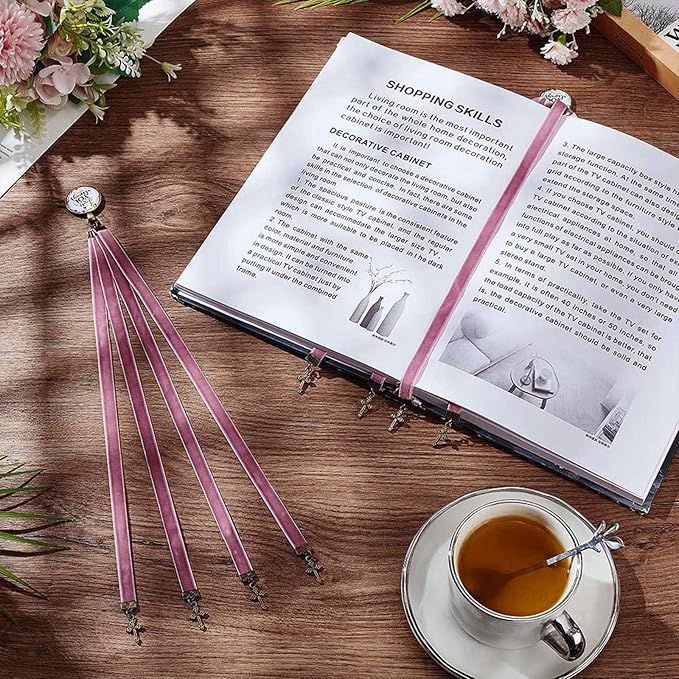 FINGERINSPIRE 2 PCS Velvet Ribbons Bible Bookmarks 14.45" Bible Bookmarks with 4 Velvet Ribbons Book Marks with Alloy Cross Pendant Multi-Strand Bookmarker Bible Bookmarks for Women Men Book Lovers