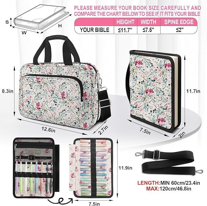 Pink Floral Bible Cover Case for Women, Cute Flower Large Bible Bag Book Carrying Bag with Strap Handle Zipper Pockets, Pens and Highlighters Cross Clips for Bible Study & Church