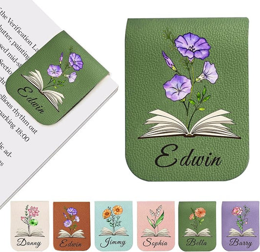 EDSG Personalized Magnetic Bookmarks, Leather Bookmark Clip with Birth Flower & Name, Custom Bookmarks for Book Lovers, Readers, Teacher, Book Mark for Women Men Christmas (Green-Magnetic V1)