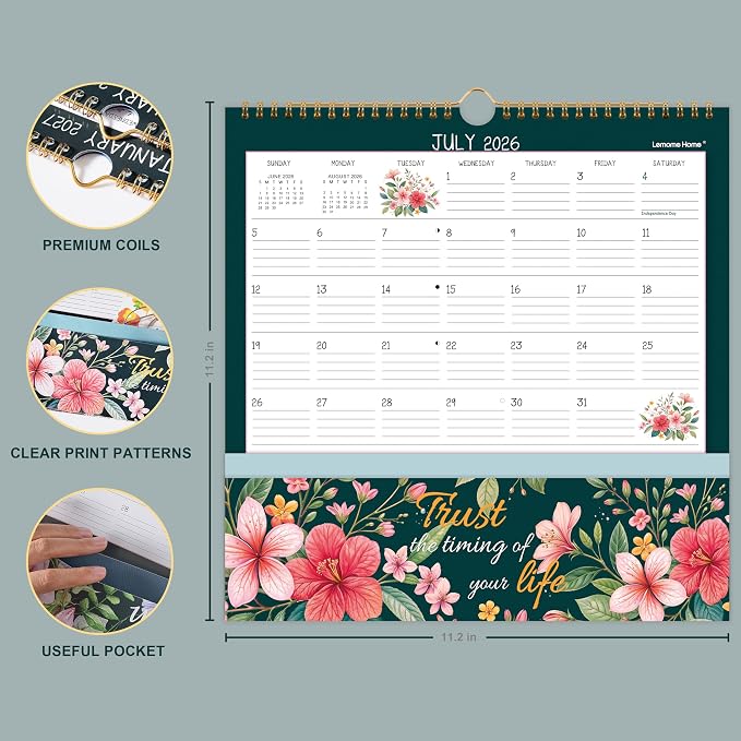 Wall Calendar 2026-2027 - Pocket Calendar, 11.2" x 11.2", 2026-2027 Calendar with Pockets, Jul. 2026 - Dec. 2027, Wall Calendar 18 Month with One Pockets, Calendars for Office School Home, Golden Twin Wire Binding, Premium Paper - 12 Different Floral
