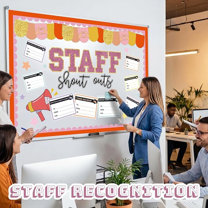 Mooliwe Bulletin Board Decoration Kit Staff Shout Out Bulletin Board Set with 20 Pcs Shout Out Appreciation and Recognition Cutouts for Office Appreciation Wall Door
