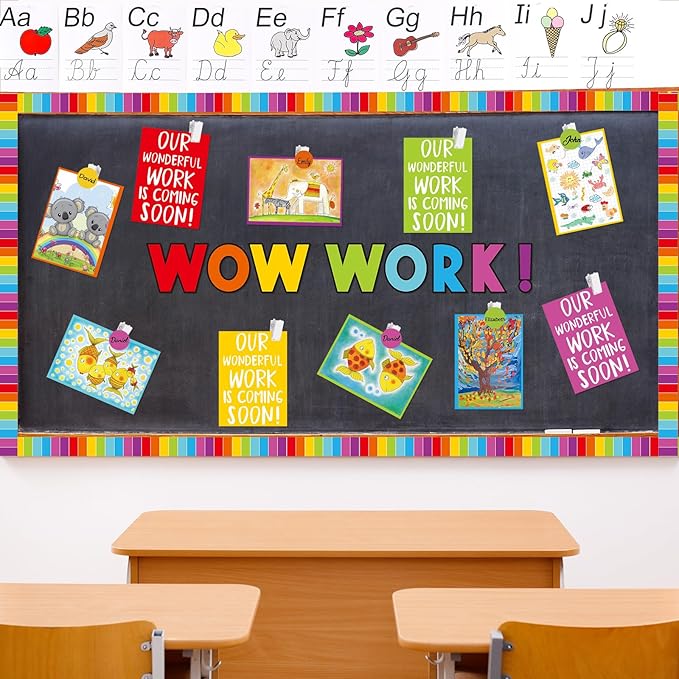 Mooliwe 139 Pcs Student Work Display Bulletin Board Decoration Set Colorful Wow Works Cutouts with Clips Names Display Classroom Wall Decor for Teachers Back to School Supplies(Rainbow,Classic)