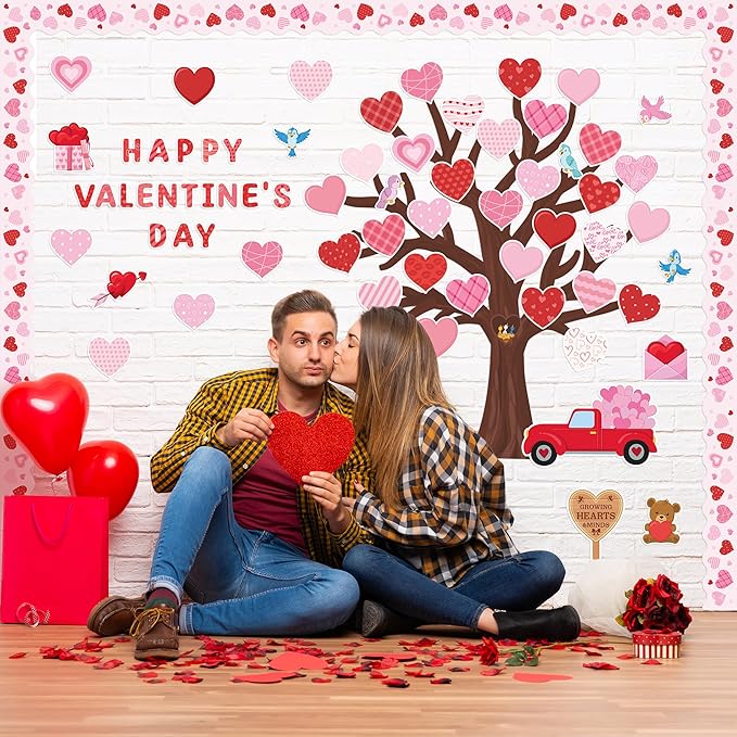 136Pcs Valentine’s Day Tree Bulletin Board Classroom Decoration Set Heart Bulletin Board Name Tags Hearts Tree Cutouts Chalkboard Wall Decor for Elementary School Home Valentines Supplies