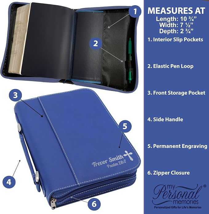 My Personal Memories Personalized Bible Cover Holder Case with Carrying Handle for Men and Women (Blue with Silver)