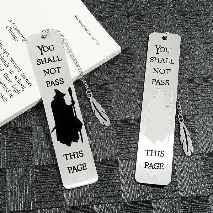 3Pcs Fantasy LOTR Metal Bookmarks Set, Elvish Leaf Pendant with Sword Charm, Evenstar Engraving, Epic Quotes Carved, Dark Academia Book Accessories, Gifts for Readers (B&W Gandalf)