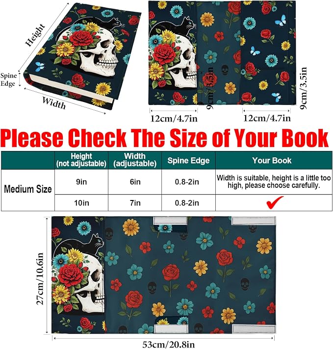 Skull Black Cat Paperback Book Cover Protector,Adjustable Washable Soft Canvas Fabric Book Covers with Bookmark,Double Side Print Book Dust Jacket Covers for Hardcover Novel,Halloween Book Lovers Gift