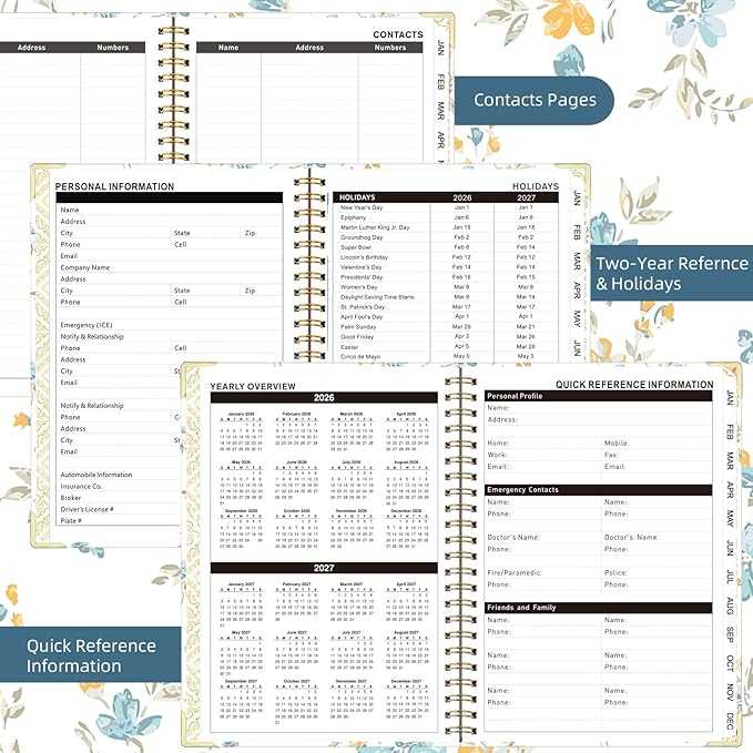 2026 Monthly Planner, Jan.2026 - Dec.2026 Weekly Monthly Planner 6.25"x8.5" with Page Tabs, Calendar Hardcover with Inner Pocket, Elastic Band, Twin-Wire Binding, Bookmark, Blue-Yellow Flower