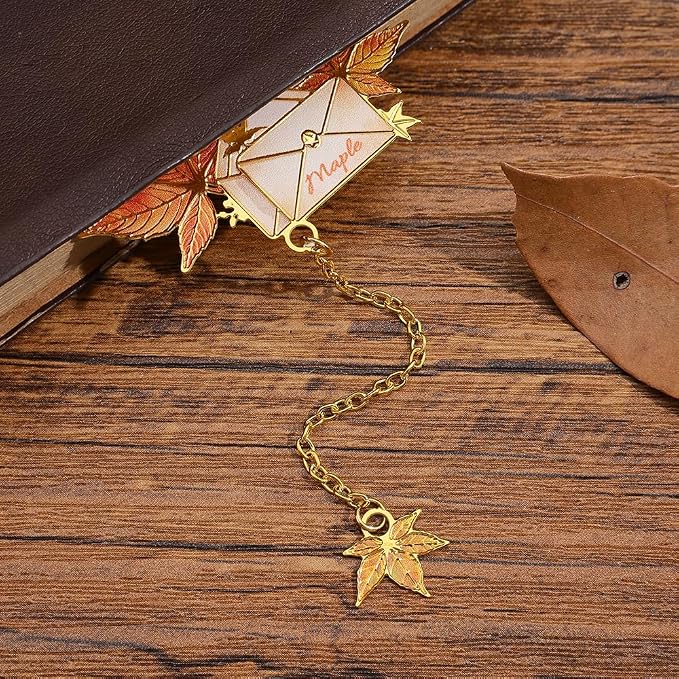 icceemee 2PCS Maple Leaf Theme Bookmark, Cute Bookmark for Women with Hollow-Out Square & Irregular Design, Natural Tassel Book Marks Set in Gift Box, for Book Lovers