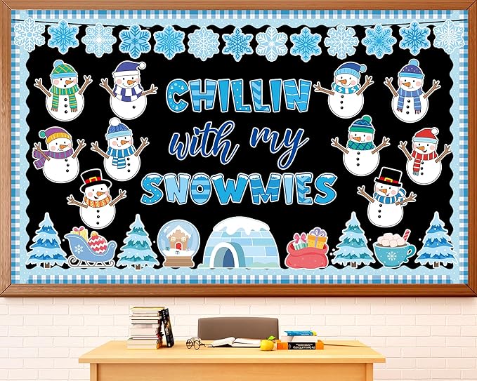 Winter Bulletin Board Decoration Set Christmas Snowman Classroom Decorations Chillin with My Snowmies Bulletin Board Winter Tree Snowflake Cutouts for Holiday Party School Home Chalkboard Wall Decor
