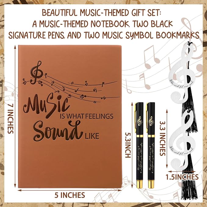 Thenshop 5 Pcs Music Lover Gifts for Women Men Music Teacher Appreciation Gifts Leather Notebook with Pens and 2 Bookmarks for Friend Musicians Piano Teacher Appreciation Birthday
