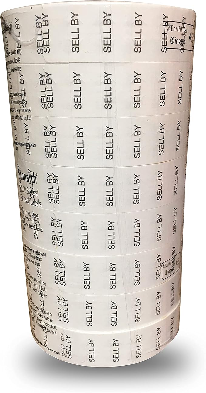 Black Print on White"Sell by" Pricing Labels to fit Monarch 1131 Pricers. 8 Rolls with 1 Free Ink Roller.