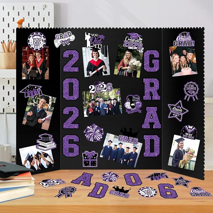 4 Set Graduation Photo Display Board, Class of 2026 Black Purple Trifold Poster Board with Grad Pattern Stickers, Graduation Photo Props Collage for Multiple Pictures Party Decorations, 16x24 Inch
