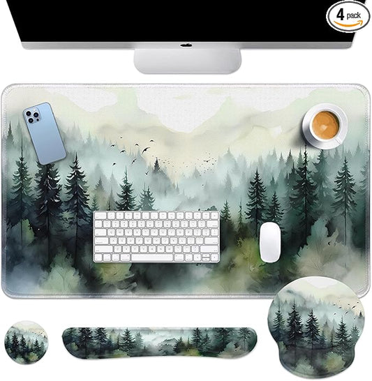 Britimes Green Ink Style Mountain Forest Keyboard Mouse Pad Set 4in1 Large Mousepad+Keyboard Wrist Rest+Mouse Wrist Rest+Coaster Set with Ergonomic Design for Home Office Computer 35.4x15.7 inches