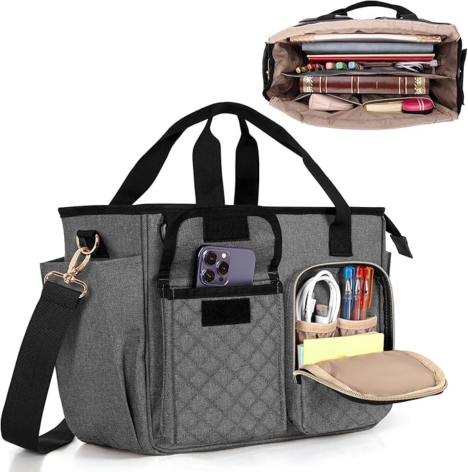 LUXJA Large Bible Bag with Water Bottle Pocket and Shoulder Strap, Bible Tote Bag for Women with Multiple Pockets (Bag Only), Gray