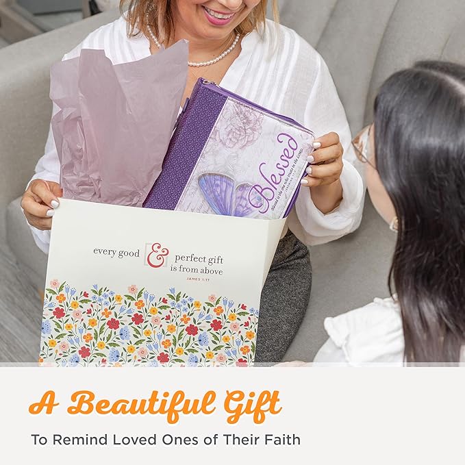Christian Art Gifts Women's Fashion Bible Cover Blessed Butterfly Jeremiah 17:7, Purple Floral Faux Leather, Large