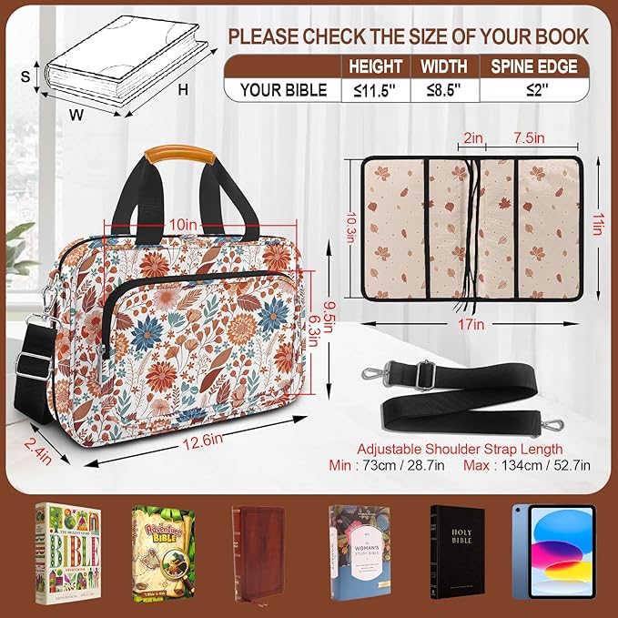 Bible Cover Case for Women,Bible Carrier,Floral Print Bible Bags for Women Organizer,Bible Holder Case with Shoulder Strap,Handle,Bible Study Supplies Kit with Highlighters,Tabs,Pens,Christian Gift