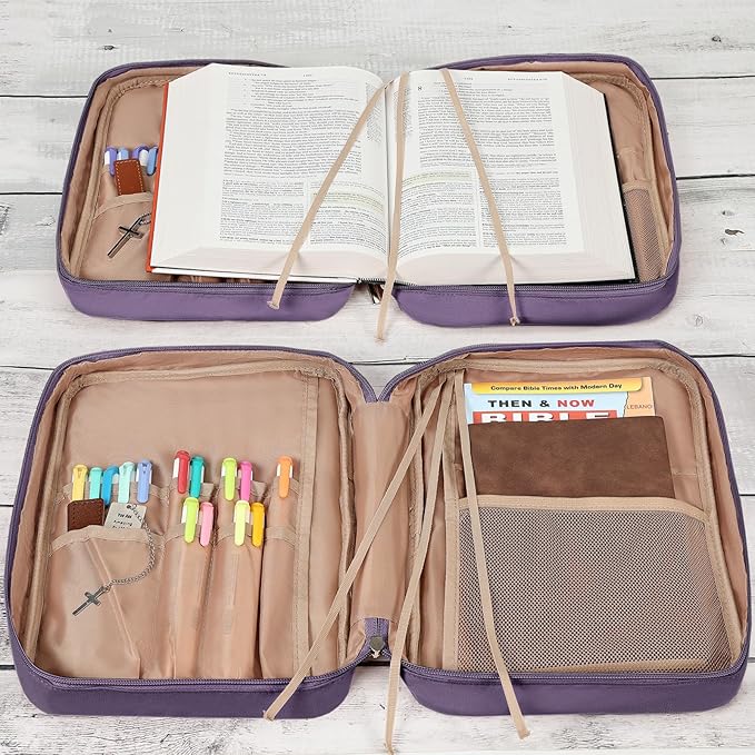 FINDCOZY Bible Cover for Women, Durable Carrying Book Case Church Bag for Biblical Accessories with Handle and Zippered Pocket,Purple
