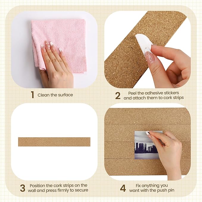Aodaer 30 Pack Cork Boards Strips 15 x 2 Inch Board Bar Strips with 150 Push Pins and 90 Adhesive Stickers Frameless Bulletin Board for Office School Wall Decorations