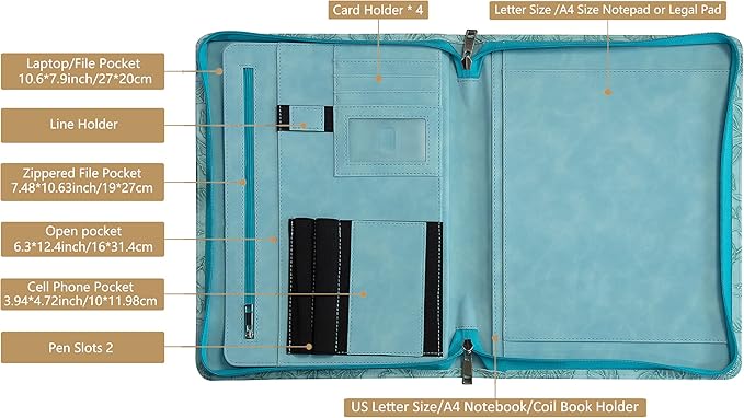AZXCG Leather Portfolio with Zipper, Embossed PU Leather Padfolio Folio, Professional Business Document Organizer with A4 Letter Sized Writing Pad Holder(Sky Blue, Standard)