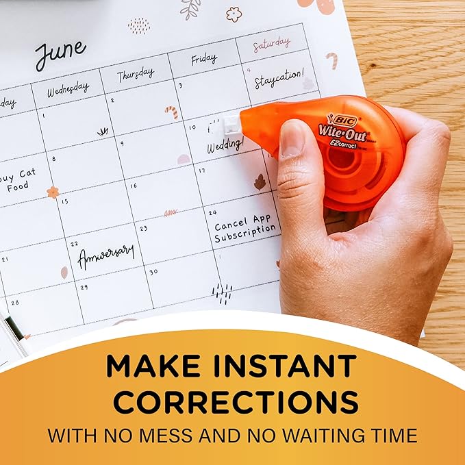 BIC Wite-Out EZ Correct Correction Tape, White, No Dry Time, Tear Resistant Tape, 4-Count
