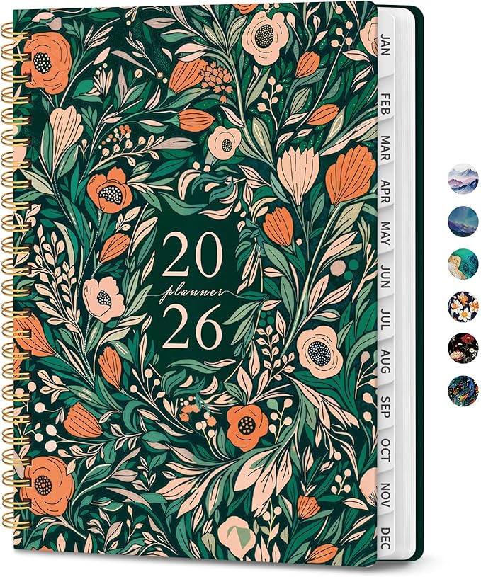 2026 Planner, Weekly and Monthly Calendar Planner for Women, Jan 2026 - Dec 2026, Hardcover Planning Agenda book with Tabs, Spiral Bound, Inner Pocket, Perfect for School Office Supplies, 6.3" x 8.5" - Verdant Bloom