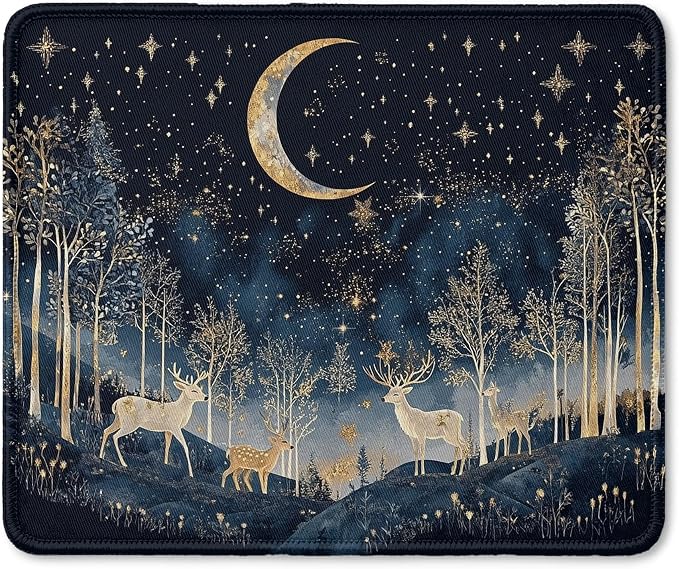 Boho Witchy Crescent Moon Deer Mouse Pad, William Morris Inspired Navy Blue and Gold Night Sky Forest Animal Mouse Pad for Home Office Computer Gaming Desk Essentials, 9.5x7.9 Inch