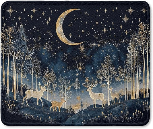 Boho Witchy Crescent Moon Deer Mouse Pad, William Morris Inspired Navy Blue and Gold Night Sky Forest Animal Mouse Pad for Home Office Computer Gaming Desk Essentials, 9.5x7.9 Inch