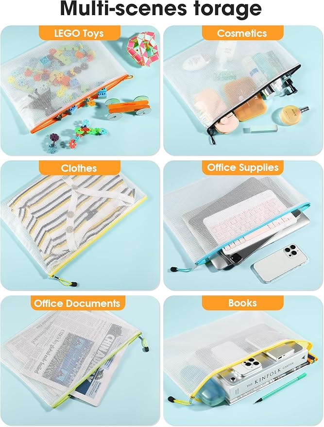 AOGELI 18pcs Mesh Zipper Pouch Bags, A3 16.5x12.3in Large Reusable Waterproof Plastic File Bags for Board Game Puzzle Storage, Organizing Office Supplies Travel Projects (6 Colors)