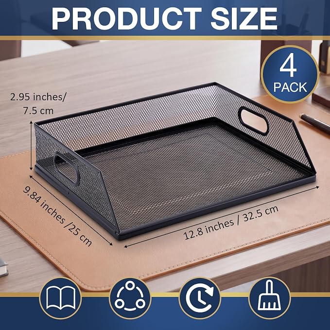 4 Pcs Paper Organizers Metal Mesh Desk Organizer Stackable Desk Tray Single Wire Mesh Organizer Front Load File Paper Holder for Desktop Office Home Classroom School
