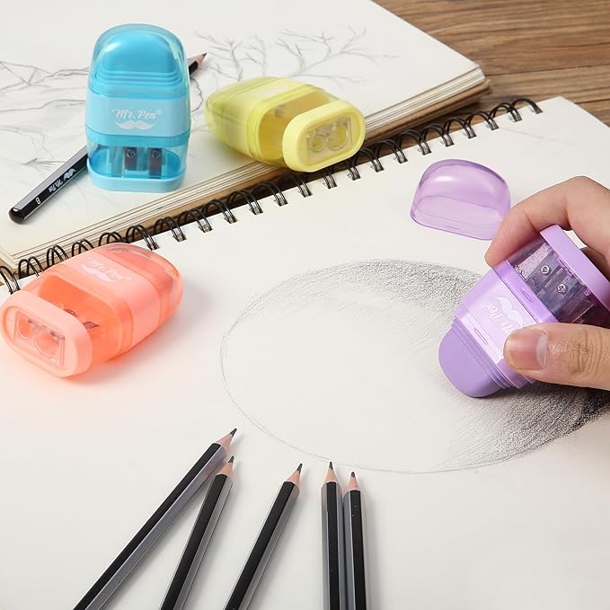 Mr. Pen- Pencil Sharpener & Eraser, 4 Pack, 2-in-1 Manual Sharpeners with Canister, 2 Sharpening Holes for Standard & Jumbo Pencils, Colorful Dual Hole Design for School, Office, Home, Kids