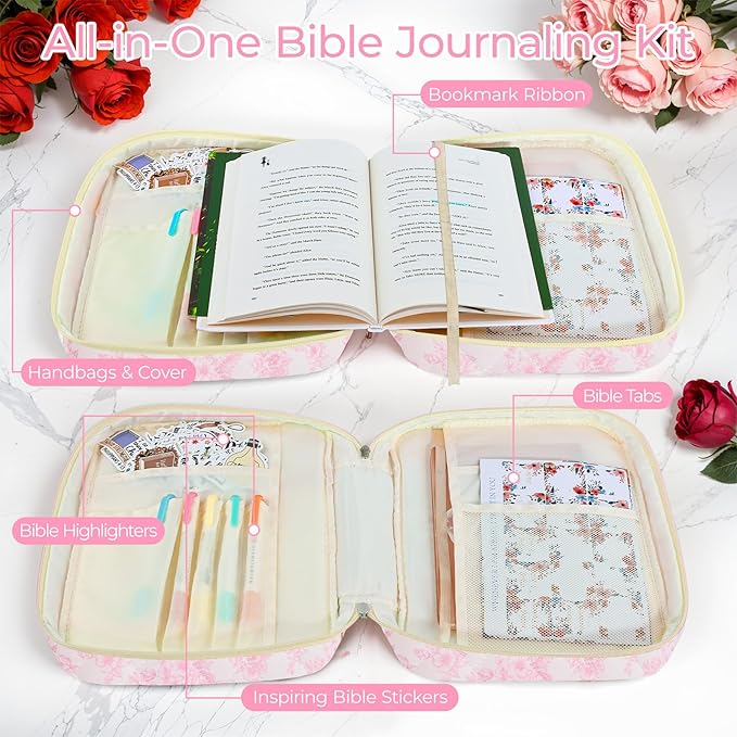 WOBAGMEN Bible Cover Case for Women,Large Bible Tote Bags Organizer Quilted Carrying Case for Girls,Bible Study Supplies Accessories Christian Gifts for Women (Elegant Pink Floral, M)