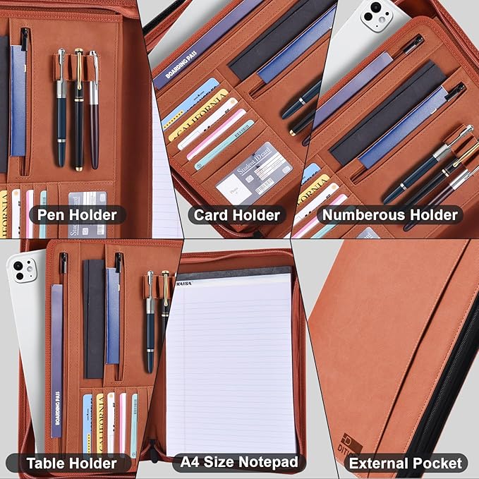 Premium Vegan Leather Padfolio with Zipper – 8.5" x 11" Portfolio Organizer for Legal Pads & Spiral Notebooks – Professional Business Folder for Men and Women (Brown)