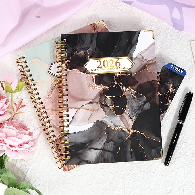 2026 Planner, Jan.2026 - Dec.2026 Weekly Monthly Planner 6.25"x8.5" with Page Tabs, Calendar Hardcover with Inner Pocket, Elastic Band, Twin-Wire Binding, Bookmark, Black Pink Marble