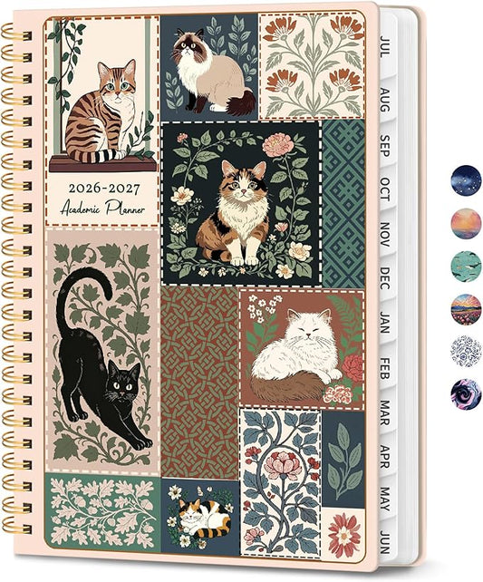 Planner 2026-2027, Monthly and Weekly Calendar Academic Planner July 2026 - June 2027, Hardcover Student Teacher Planning Agenda Book with Tabs, Perfect for Office School Supplies, A5 (6.3" x 8.5") - Feline Quilt